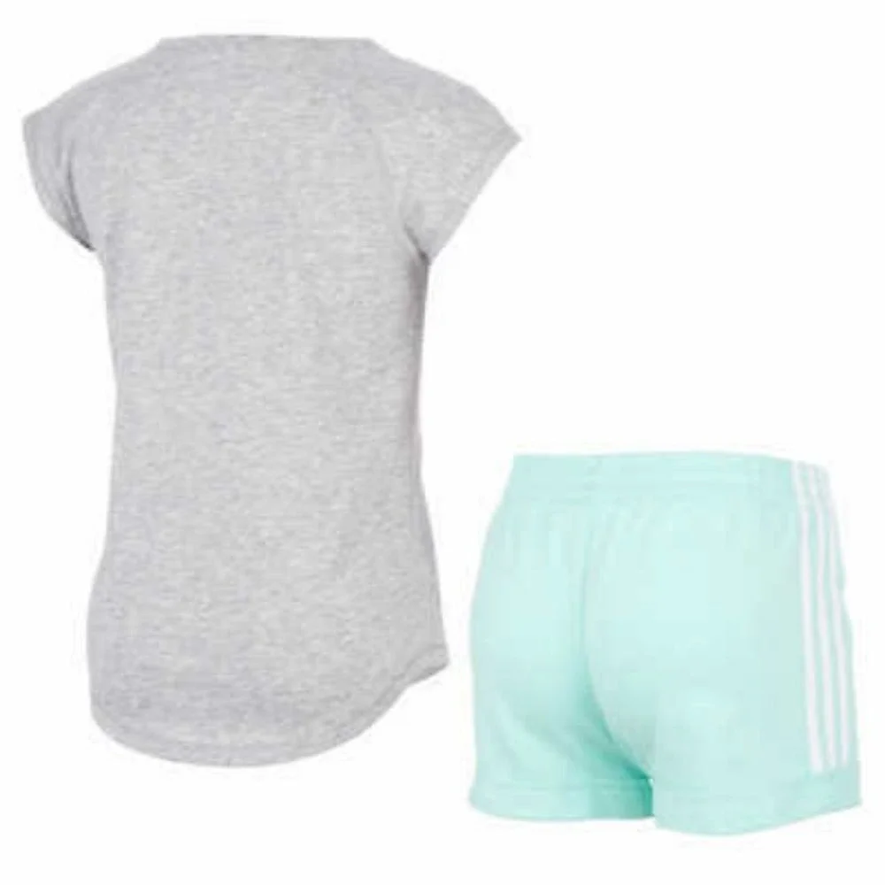 Girl's Adidas 3 Piece Set Tee Shirts and Shorts Green White Grey Size 5
